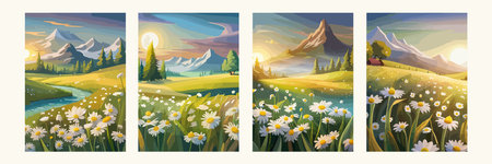 banner set chamomile field vector illustration A field of wild white flowers of daisies on against background of mountains beautiful landscape with sky and clouds at sunsetのイラスト素材
