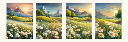 banner set chamomile field vector illustration A field of wild white flowers of daisies on against background of mountains beautiful landscape with sky and clouds at sunsetのイラスト素材