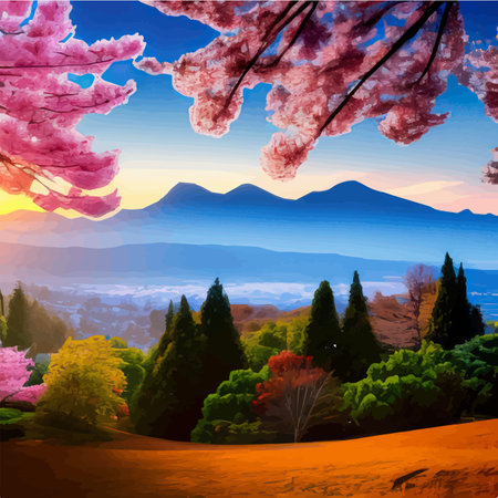 Tree pink sakura flowers, flowering branches against backdrop mountain sky at dawn spring landscape. Horizontal design for card and packaging, cover vector illustration.のイラスト素材