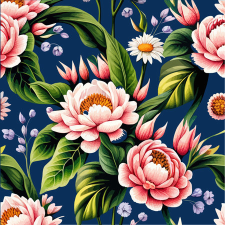 Vector pattern bright floral ornament on dark background. Patern for printing on clothing, fabric, wrapping paper, flower and leaves background, wallpaper, vector illustrationのイラスト素材