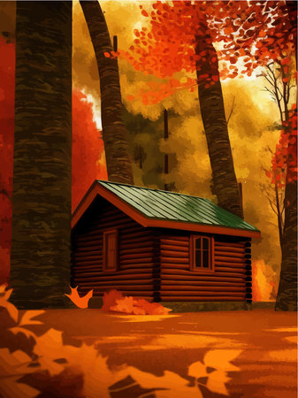 Fairytale house made logs with red roof, old wooden door, window. Vector illustration in cartoon style, in autumn forest with orange bright foliageのイラスト素材