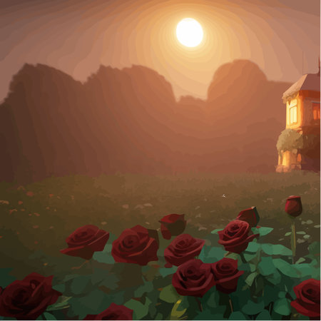 Dark fabulous field red roses and mysterious tower against background bright moon, fantasy picture for use, vector illustrationのイラスト素材