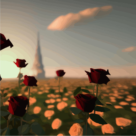 Dark fabulous field red roses and mysterious tower against background bright moon, fantasy picture for use, vector illustrationのイラスト素材