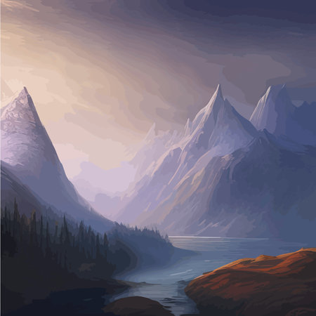 Incredible mountain landscape with forest and river. Vector illustration. Breathtaking wildlife view with sky and misty cloudsのイラスト素材
