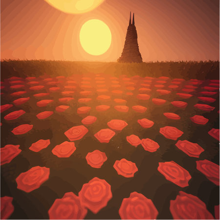 Dark fabulous field red roses and mysterious tower against background bright moon, fantasy picture for use, vector illustrationのイラスト素材