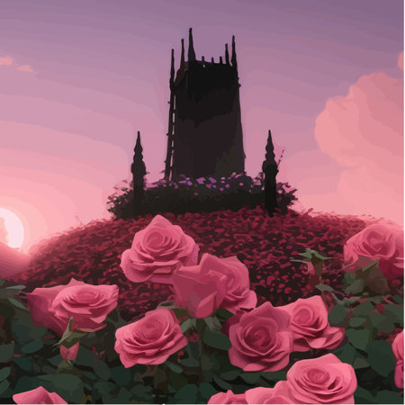 Dark fabulous field red roses and mysterious tower against background bright moon, fantasy picture for use, vector illustrationのイラスト素材