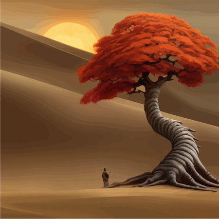 Sunset or full moon in African autumn orange big crooked tree on hill alonePlant Art design for print, cover, wallpaper, Minimal and natural, fantasy wildlife vector illustrationのイラスト素材