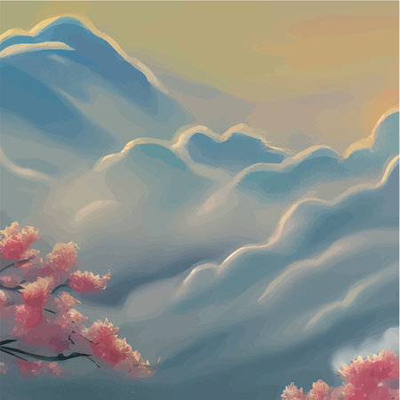 Landscape with cherry blossom branch misty mountains in clouds. Traditional oriental painting, spring landscape of sakura, beautiful vector illustration as a wallpaper in gentle colorsのイラスト素材