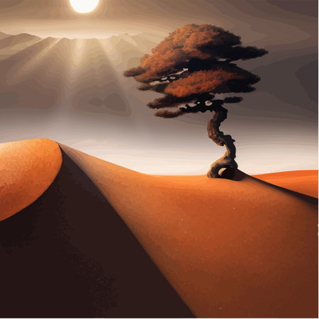 Landscape background. Autumn orange big crooked tree on the hill alonePlant Art design for print, cover, wallpaper, Minimal and natural, fantasy wildlife vector illustrationのイラスト素材