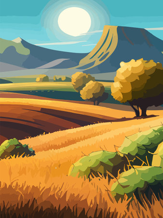 Agriculture, nature and farming. Harvest, field, trees and blank vertical poster vector illustration. Farms for poster, background or cover and print. Summer landscapeのイラスト素材