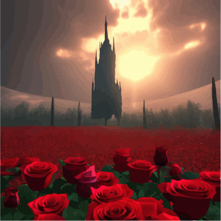 Dark fabulous field red roses and mysterious tower against background bright moon, fantasy picture for use, vector illustrationのイラスト素材