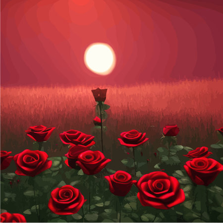 Dark fabulous field red roses and mysterious nature against background bright moon, fantasy picture for use, vector illustrationのイラスト素材