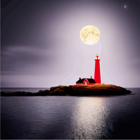 Lighthouse at night. Sea lighthouse with moon on rocky coast. Cartoon Navigation White with Red Tower on Shore Coast, Starry Sky and Ocean Landscape Vector. Vector illustration, sea harborのイラスト素材