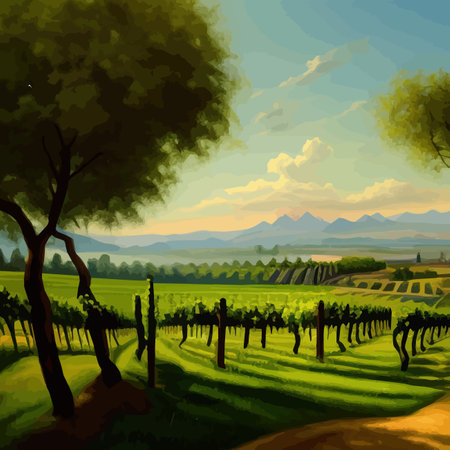Rural landscape vineyards. Green vines on hills with trees and mountains in the background. Landscape with grape rows. Summer season. Vector illustration.のイラスト素材