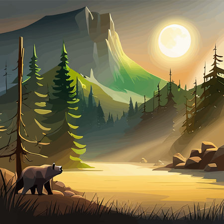 Grizzly Bear standing by river Vibrant Art for postcard or poster in Alaska forest wild scenery with mountains in the background. Vector illustration of wildlifeのイラスト素材