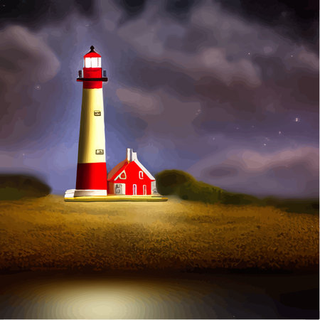 Lighthouse at night. Sea lighthouse with moon on rocky coast. Cartoon Navigation White with Red Tower on Shore Coast, Starry Sky and Ocean Landscape Vector. Vector illustration, sea harborのイラスト素材
