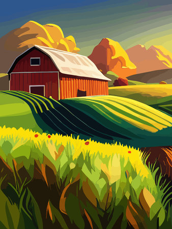 Agriculture, nature and farming. Harvest, field, trees and blank vertical poster vector illustration. Farms for poster, background or cover and print. Summer landscapeのイラスト素材