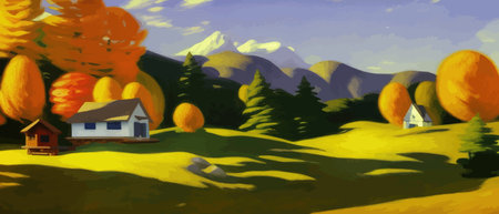 Autumn landscape with house, fields and hill, with yellow trees and mountains in the background with the sky. Cute vector illustration in flat style. Nature concept bannerのイラスト素材