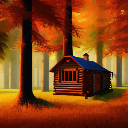 Old wooden hut in autumn forest. In bright orange colors autumn. To protect yourself from hustle and bustle city In a fairy forest where silence and peace Autumn forest landscape. Vector illustrationのイラスト素材