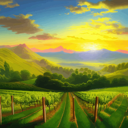 Rural landscape vineyards. Green vines on hills with trees and mountains in the background. Landscape with grape rows. Summer season. Vector illustration.のイラスト素材