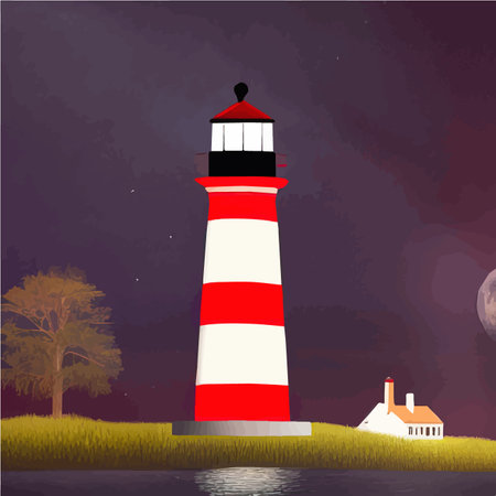 Lighthouse at night. Sea lighthouse with moon on rocky coast. Cartoon Navigation White with Red Tower on Shore Coast, Starry Sky and Ocean Landscape Vector. Vector illustration, sea harborのイラスト素材