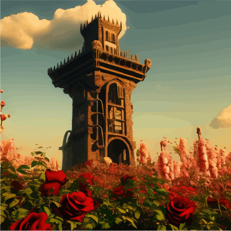 Dark fabulous field red roses and mysterious tower against background bright moon, fantasy picture for use, vector illustrationのイラスト素材