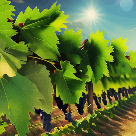 Rural landscape vineyards. Green vines on hills with trees and mountains in the background. Landscape with grape rows. Summer season. Vector illustration.のイラスト素材