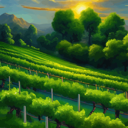 Rural landscape vineyards. Green vines on hills with trees and mountains in the background. Landscape with grape rows. Summer season. Vector illustration.のイラスト素材