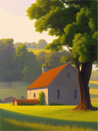 Rural landscape with sunny summer day in village. Beautiful summer fields landscape with green hills, bright blue sky and house and trees. A country. Green landscape with fields. Vector illustrationのイラスト素材