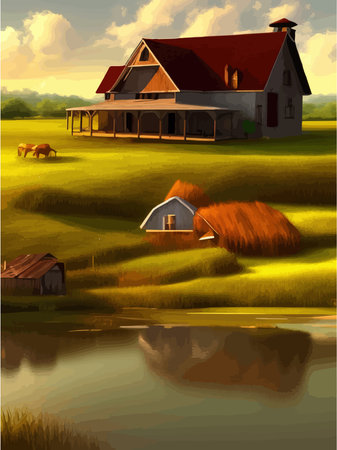 Lake houses, summer natural landscape vector illustration. Cartoon beautiful rural countryside scenery, residential area on the river or lakeside, agricultural houses with green gardensのイラスト素材