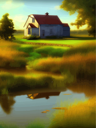 Lake houses, summer natural landscape vector illustration. Cartoon beautiful rural countryside scenery, residential area on the river or lakeside, agricultural houses with green gardensのイラスト素材