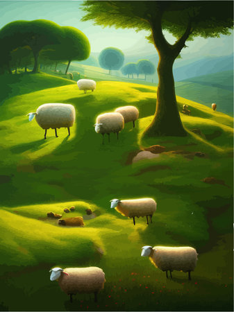 Sheep graze on green meadow. Count sheep. Farm animal landscape counting cartoon animals for sleep. Funny animals vector illustrationのイラスト素材