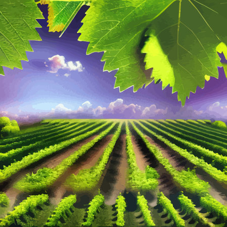 Rural landscape vineyards. Green vines on hills with trees and mountains in the background. Landscape with grape rows. Summer season. Vector illustration.のイラスト素材