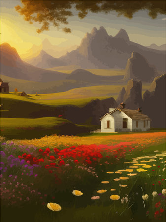 Natural landscape illustration, farm on background mountains, flowers plants, houses. Beautiful landscape of nature. Vector illustrationのイラスト素材