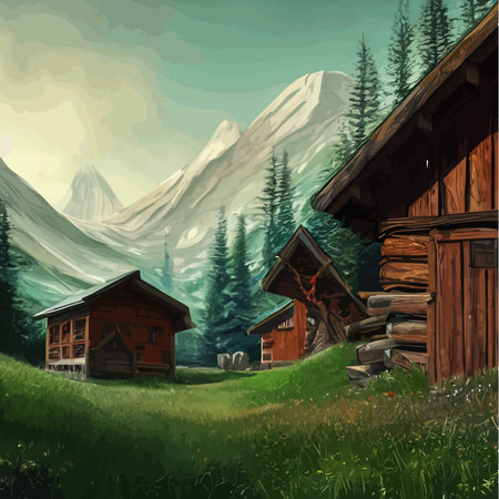 Small wooden houses in forest against backdrop mountains. Beautiful peaceful house in front of trees lost in nature. Vector illustration of wild nature and countrysideのイラスト素材