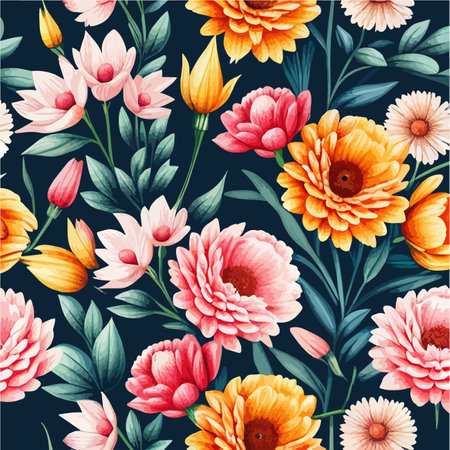 Vector pattern bright floral ornament on dark background. Patern for printing on clothing, fabric, wrapping paper, flower and leaves background, wallpaper, vector illustrationのイラスト素材