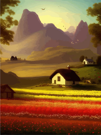 Natural landscape illustration, farm on background mountains, flowers plants, houses. Beautiful landscape of nature. Vector illustrationのイラスト素材