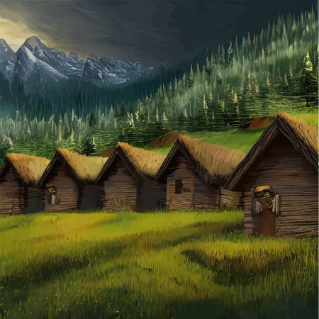 Wooden house on meadow against backdrop forests and mountains. Forester Shack. Summer landscape wooden village, cottage or farm with porch, green lawn, big trees and sunshine, vector illustrationのイラスト素材