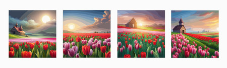 Banner set tulips flowers. Paint red tulip flowers at field with green blue sky with clouds background. Spring, summer season nature background. Vector illustrationのイラスト素材