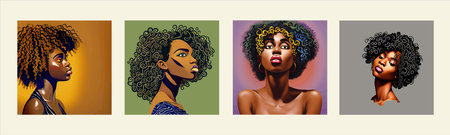 Afro woman, American african woman, Black woman Curly hair makeup and earring, girls on color background, vector illustrationの写真素材