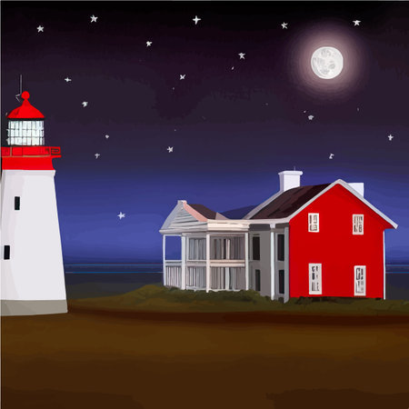 Lighthouse by sea. Tall building on hill and beautiful scenery. Romantic place by the water. Night view of the sky and the moon with waves. Summer season. Maritime navigation. Vector illustrationのイラスト素材