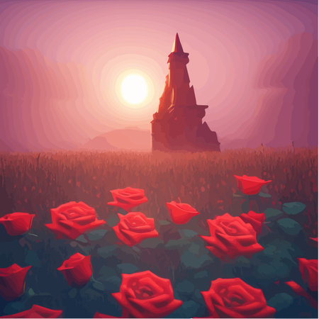 Dark fabulous field red roses and mysterious tower against background bright moon, fantasy picture for use, vector illustrationのイラスト素材