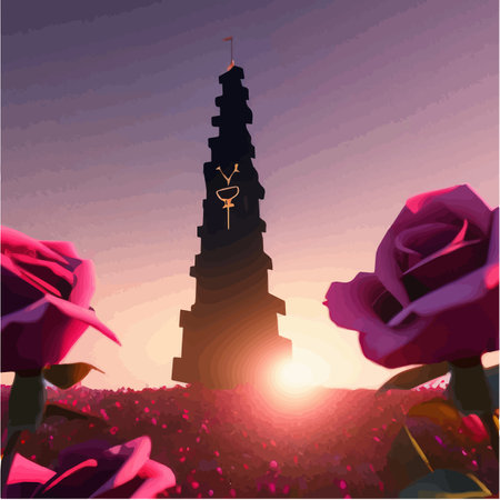 Dark fabulous field red roses and mysterious tower against background bright moon, fantasy picture for use, vector illustrationのイラスト素材