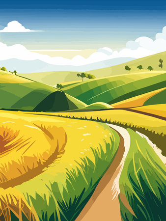 Agriculture, nature and farming. Harvest, field, trees and blank vertical poster vector illustration. Farms for poster, background or cover and print. Summer landscapeのイラスト素材