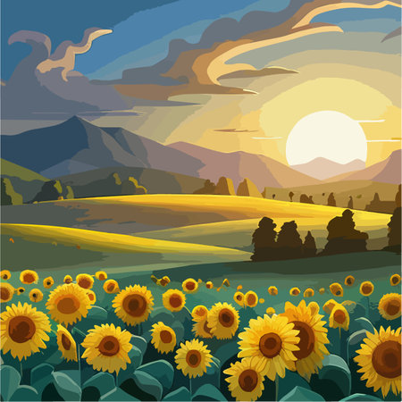 Rural landscape with field sunflowers, farm, fields, meadows and forests in the background. Vector illustration.のイラスト素材