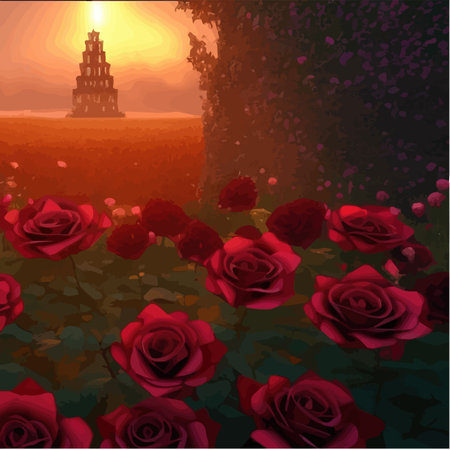 Dark fabulous field red roses and mysterious tower against background bright moon, fantasy picture for use, vector illustrationのイラスト素材
