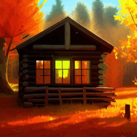 Old wooden hut in autumn forest. In bright orange colors autumn. To protect yourself from hustle and bustle city In a fairy forest where silence and peace Autumn forest landscape. Vector illustrationのイラスト素材