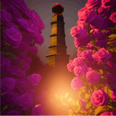 Dark fabulous field red roses and mysterious tower against background bright moon, fantasy picture for use, vector illustrationのイラスト素材
