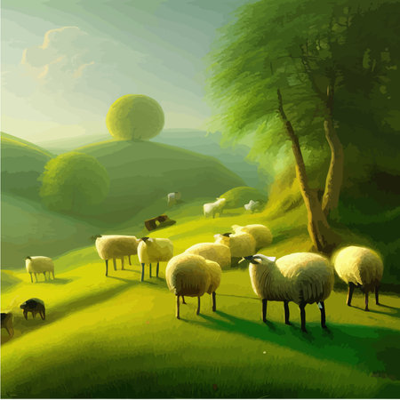 Flock sheep grazes on green meadow against background trees, countryside summer landscape, vector illustrationのイラスト素材