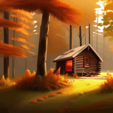 Old wooden hut in autumn forest. In bright orange colors autumn. To protect yourself from hustle and bustle city In a fairy forest where silence and peace Autumn forest landscape. Vector illustrationのイラスト素材